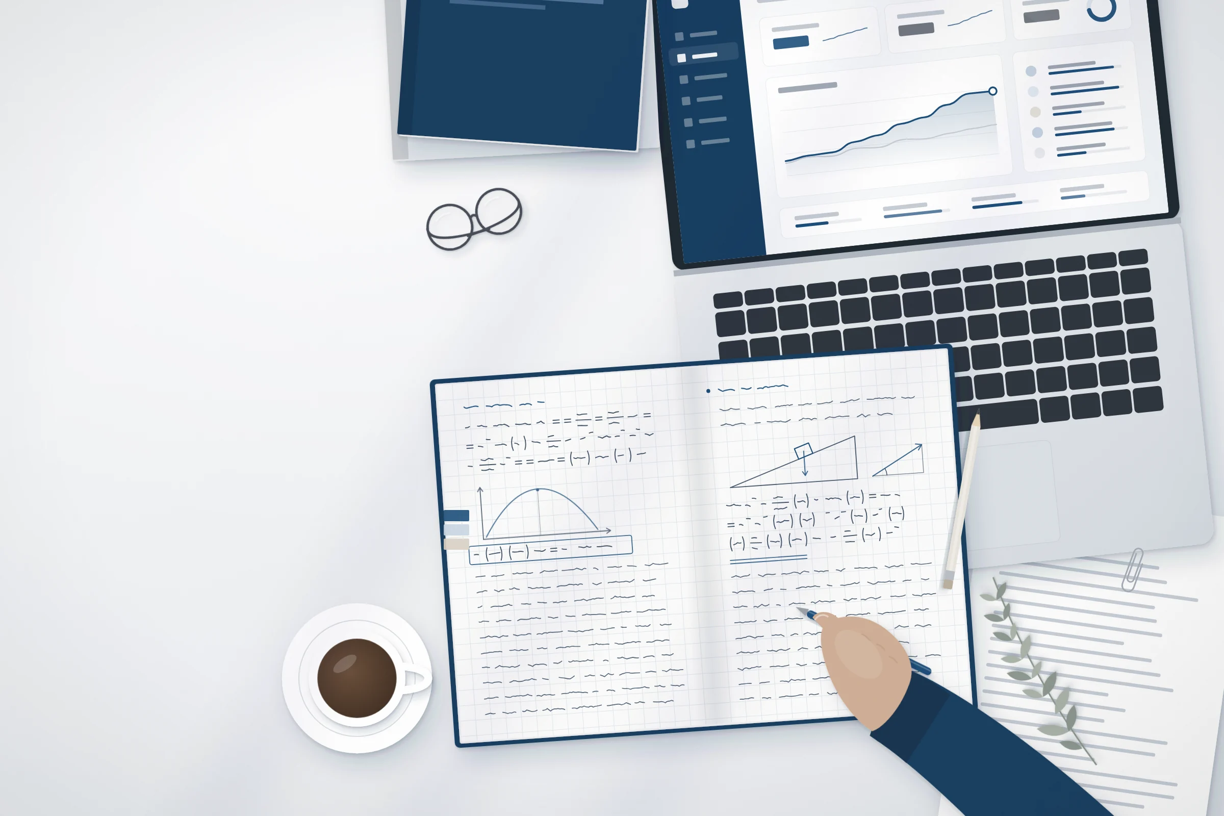 Ilustración de un escritorio de estudio con cuaderno de ejercicios de matemática, computador portátil con un panel académico y materiales de trabajo.