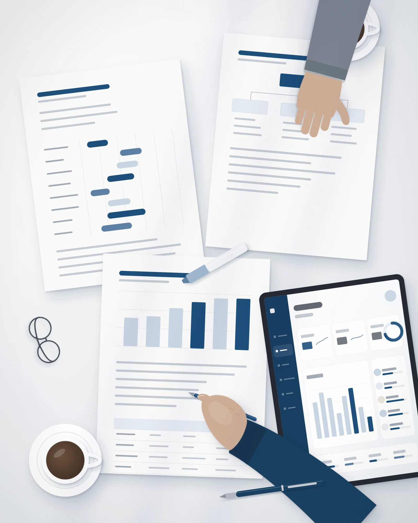 Ilustración de documentos de planificación e informes con gráficos de seguimiento revisados sobre una mesa de trabajo.